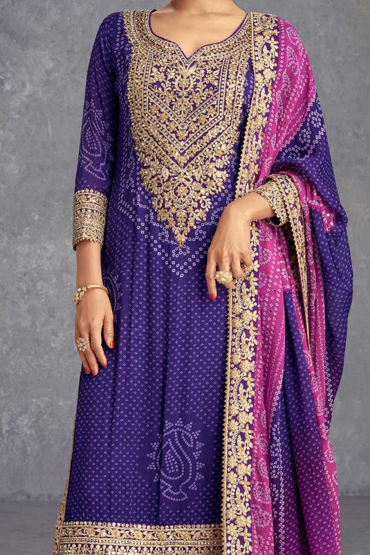 Purple Color Printed Elegant Chinon Palazzo Suit