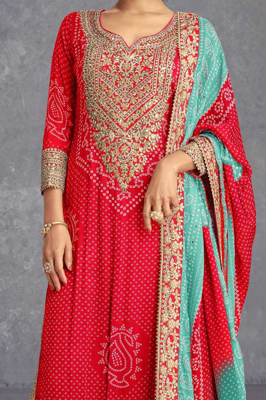 Red Color Printed Classic Chinon Palazzo Suit