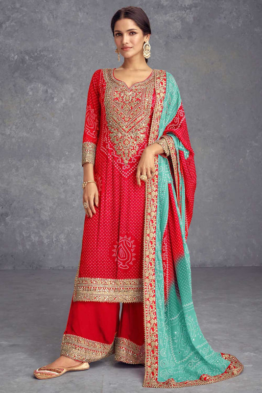 Red Color Printed Classic Chinon Palazzo Suit