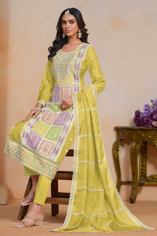 Yellow Color Glittering Organza Fabric Salwar Suit