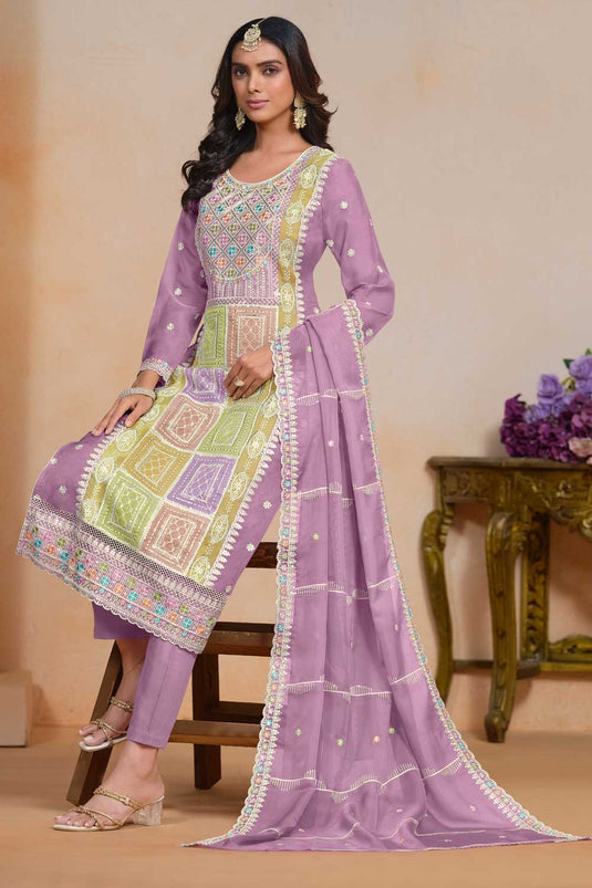 Fascinating Lavender Color Organza Fabric Salwar Suit