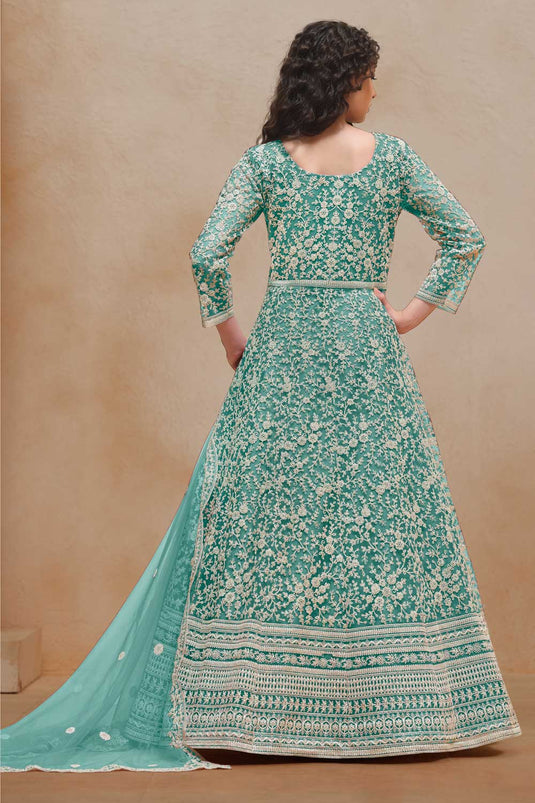 Engaging Sea Green Color Net Fabric Function Style Anarkali Suit