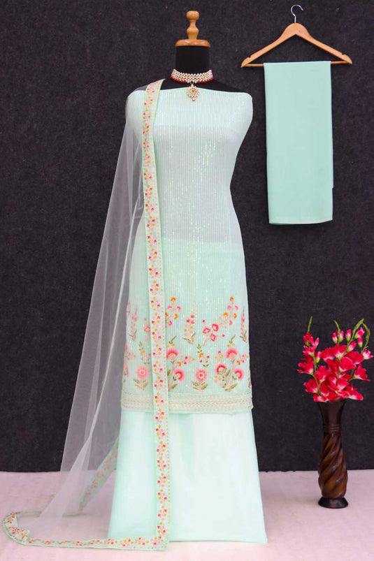 Engaging Sea Green Color Georgette Fabric Replica Palazzo Suit