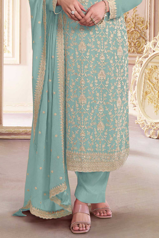 Prachi Desai Fascinating Cyan Color Georgette Salwar Suit