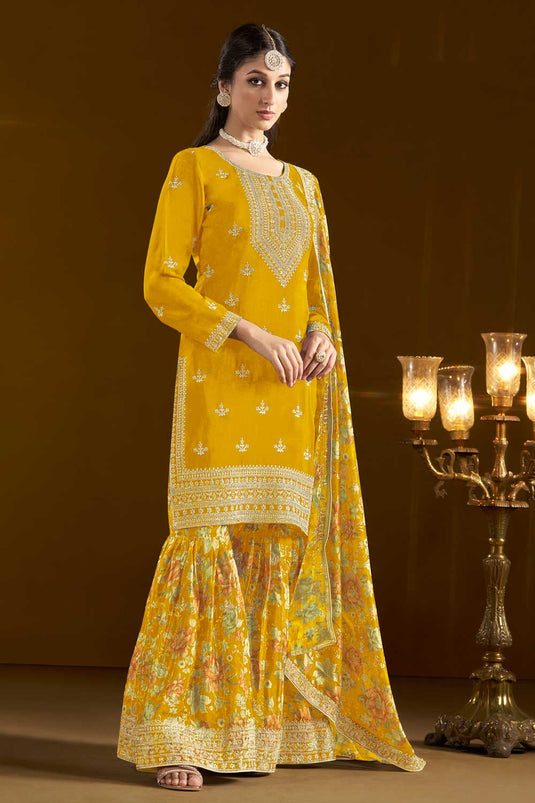 Tempting Chinon Fabric Yellow Function Wear Sharara Suit