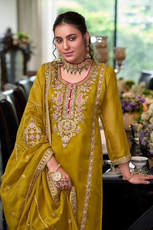 Tempting Chinon Fabric Yellow Color Readymade Salwar Suit