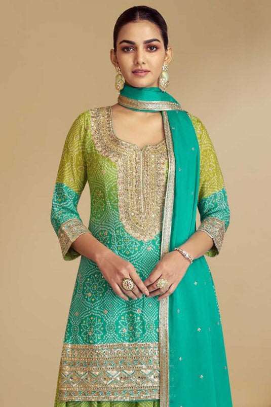 Sea Green Color Chinon Fabric Alluring Bandhani Printed Palazzo Suit