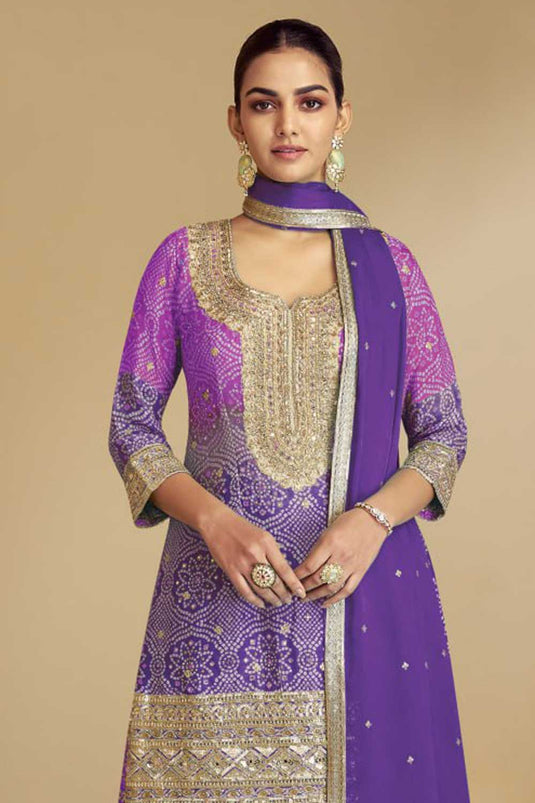 Chinon Fabric Purple Color Bandhani Printed Elegant Palazzo Suit