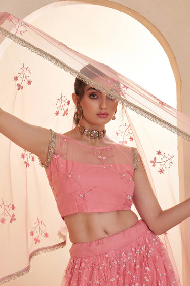 Net Fabric Sequins Work Pink Wedding Wear Lehenga Choli