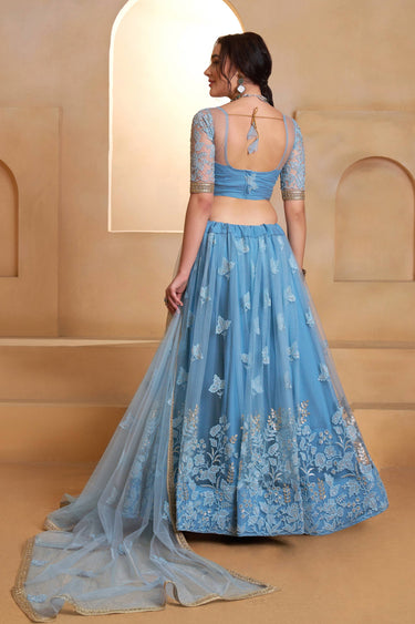 Sky Blue Net Fabric Sequins Work Wedding Wear Lehenga Choli