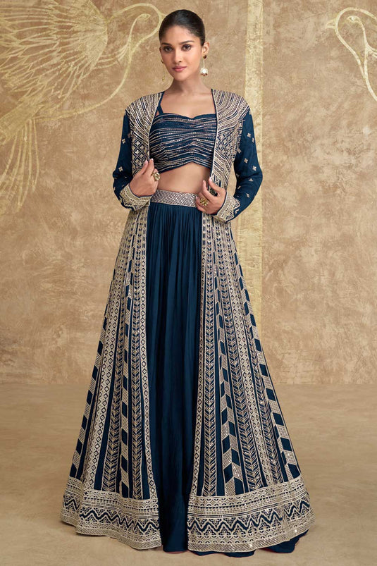 Fabulous Chinon Silk Fabric Navy Blue Color Readymade Lehenga With Jacket