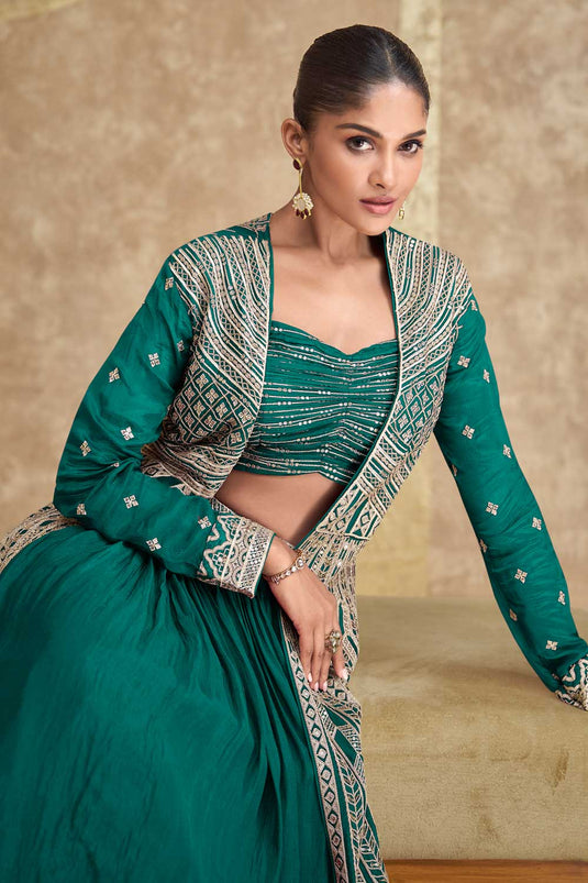 Chinon Silk Fabric Captivating Dark Cyan Color Readymade Lehenga With Jacket