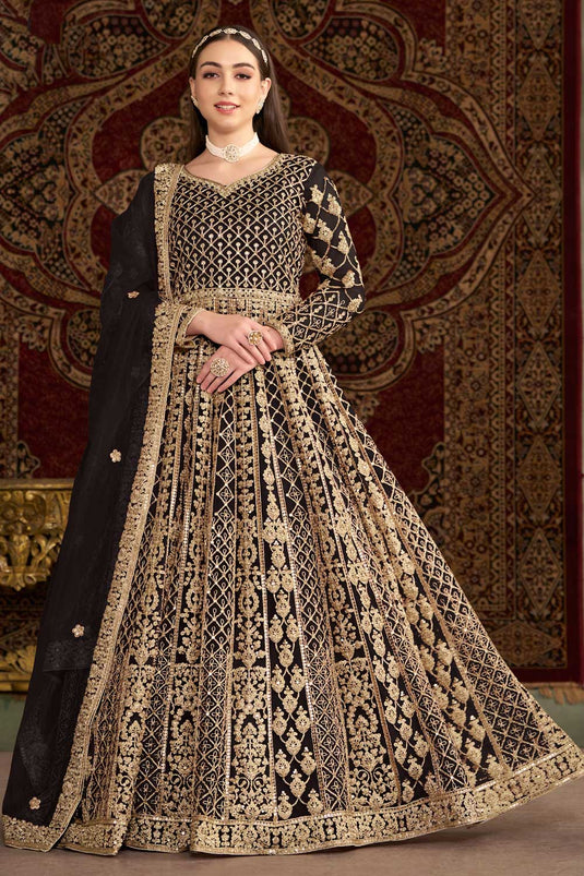 Black Color Net Fabric Alluring Sangeet Function Anarkali Suit