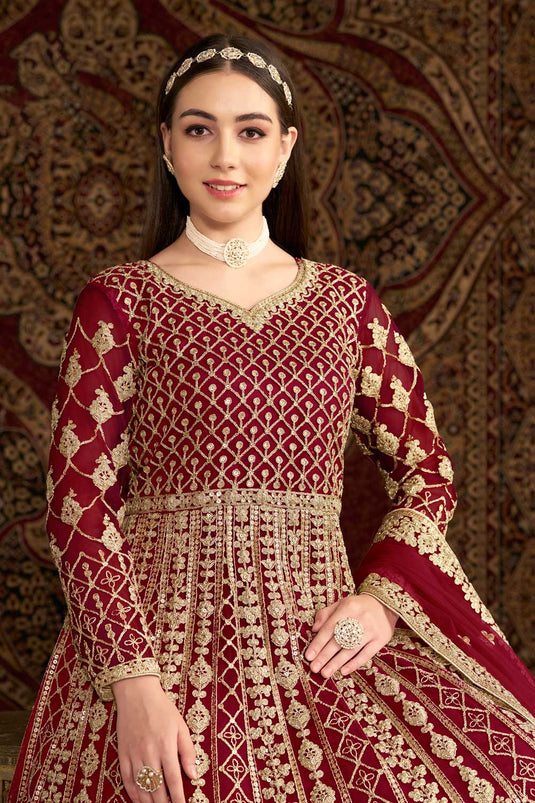 Net Fabric Maroon Color Sangeet Function Elegant Anarkali Suit