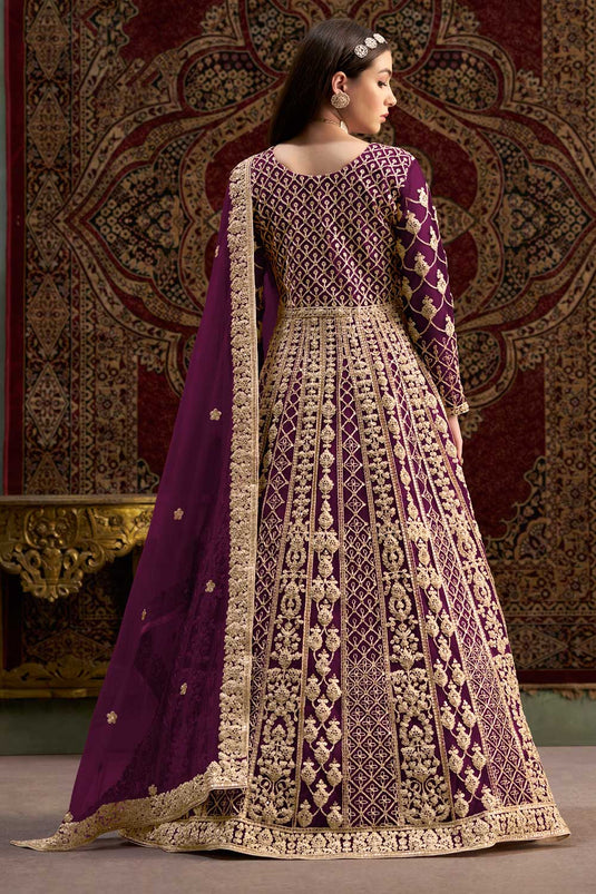 Purple Color Net Fabric Sangeet Function Classic Anarkali Suit