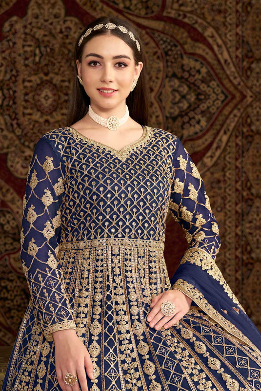 Sangeet Function Navy Blue Color Fabulous Anarkali Suit In Net Fabric