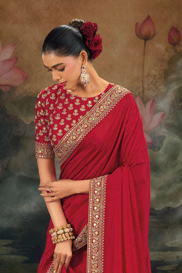 Silk Fabric Embroidered Red Sangeet Wear Saree