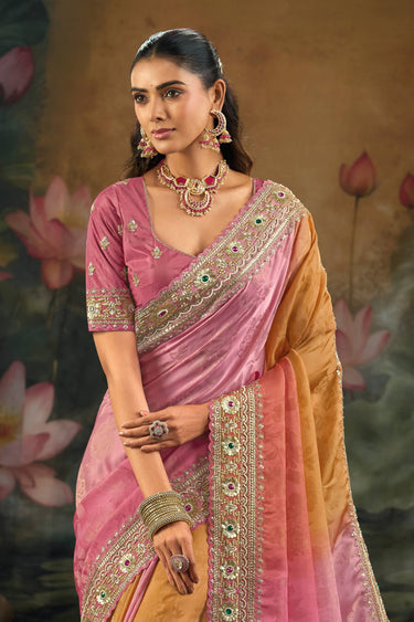 Silk Fabric Embroidered Pink Saree For Sangeet Wear