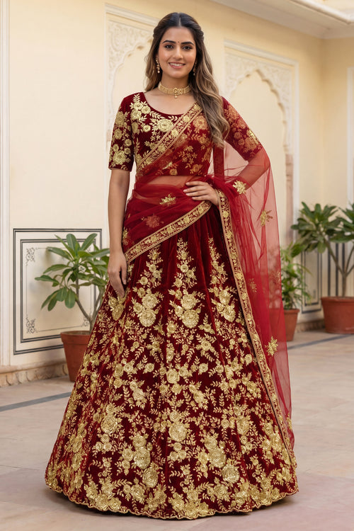 Luxury Heavy Embroidery Bridal Look Maroon Designer Velvet Lehenga Choli
