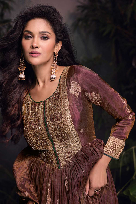 Sushrii Mishraa Magnificent Viscose Silk Gown With Dupatta In Brown Color