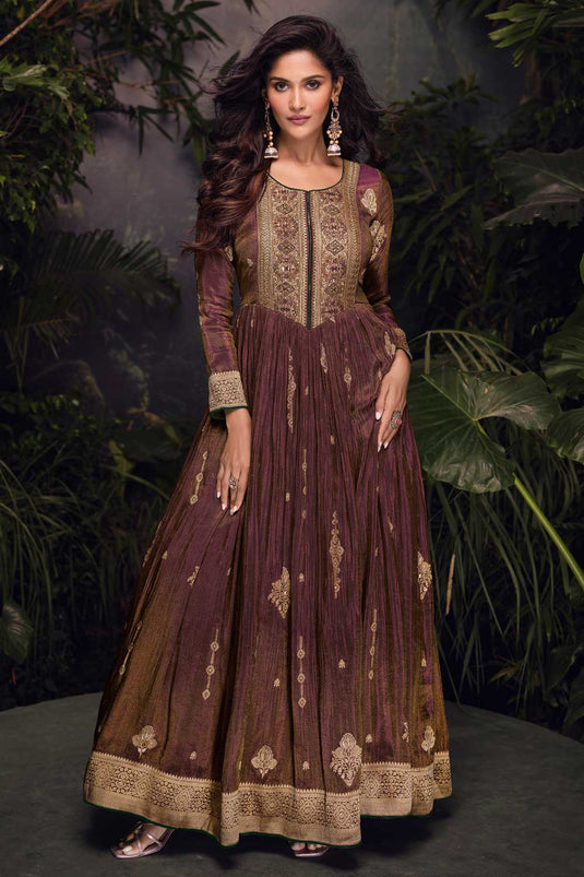 Sushrii Mishraa Magnificent Viscose Silk Gown With Dupatta In Brown Color