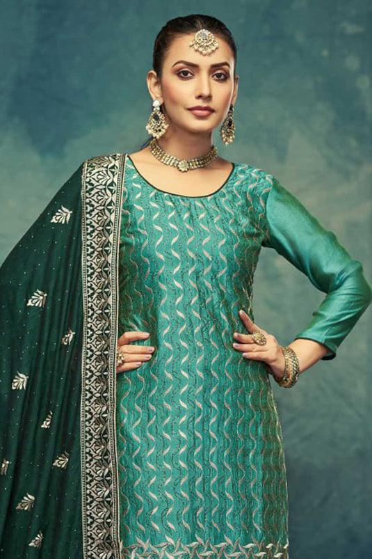 Cyan Color Vichitra Fabric Alluring Embroidered Salwar Suit