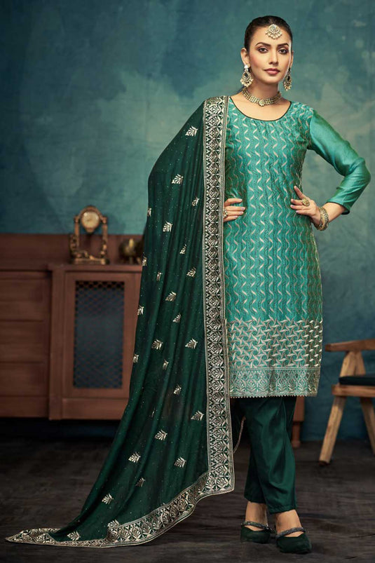 Cyan Color Vichitra Fabric Alluring Embroidered Salwar Suit