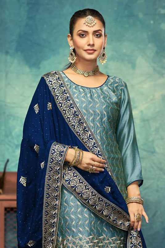 Teal Color Vichitra Fabric Embroidered Classic Salwar Suit