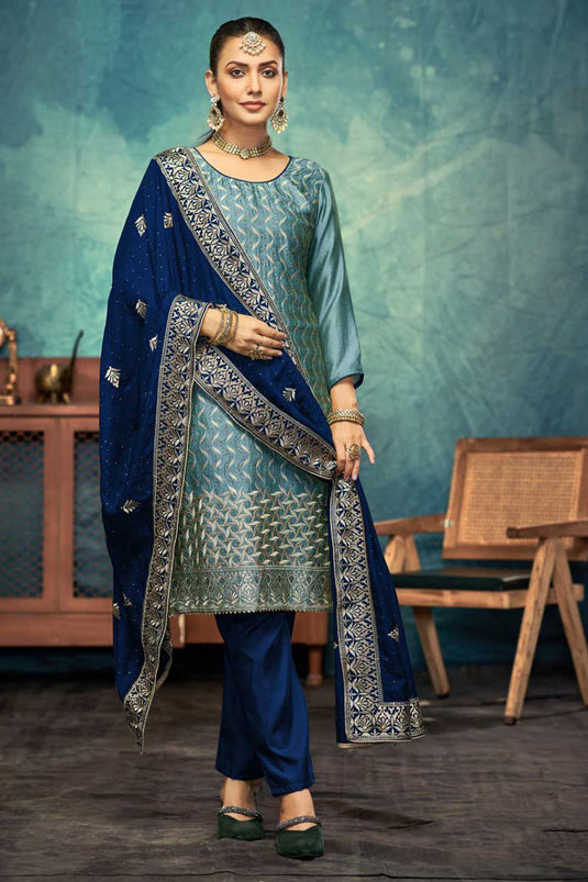 Teal Color Vichitra Fabric Embroidered Classic Salwar Suit