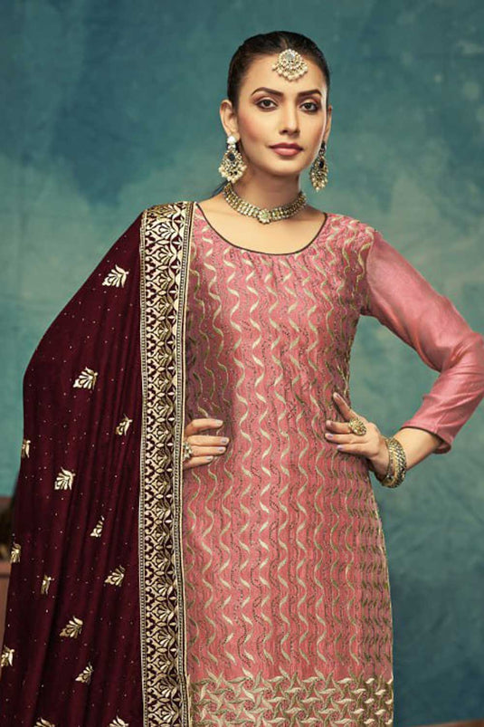 Pink Color Vichitra Fabric Embroidered Vintage Salwar Suit