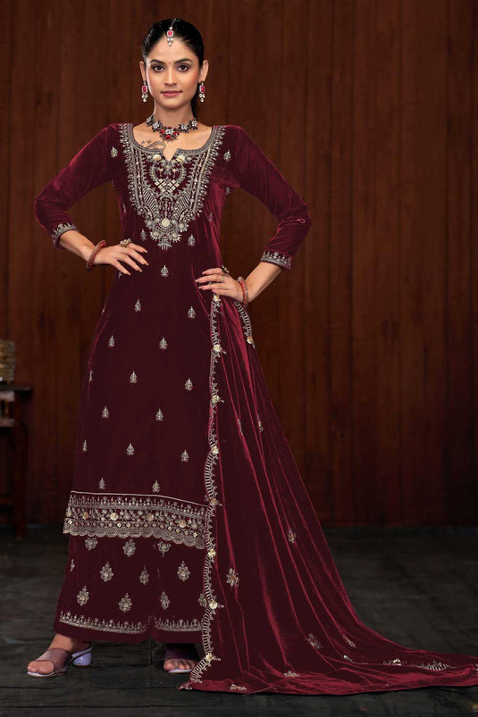 Classic Maroon Color Function Wear Velvet Palazzo Suit