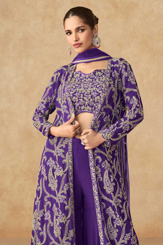 Purple Color Georgette Fabric Charming Palazzo Suit With Jacket