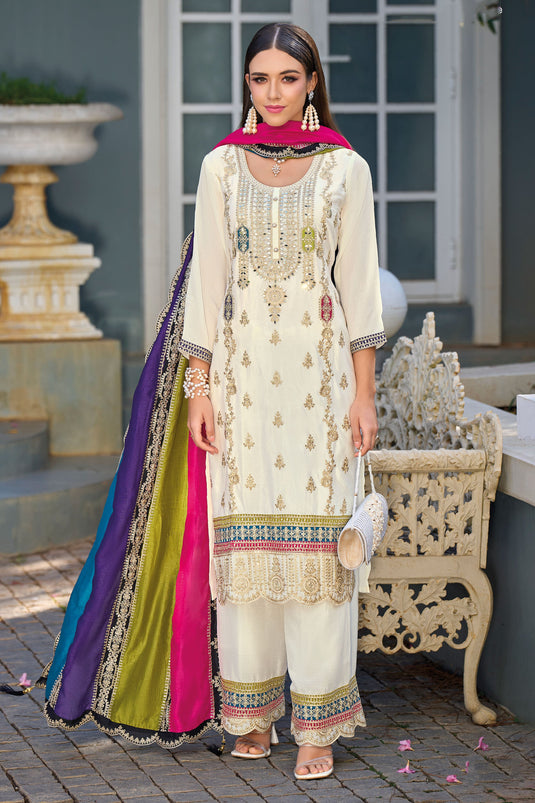 Function Wear White Color Embroidered Suit