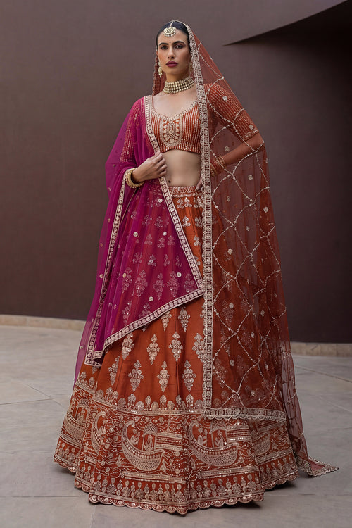 Royal Rust Heavy Embroidery Bridal Look Silk Lehenga Choli