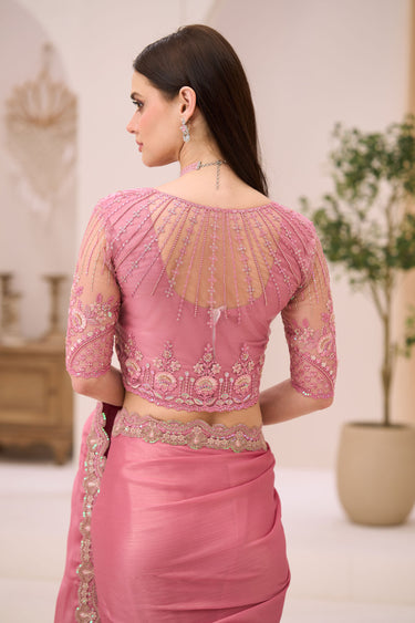 Luxury Pink Satin Designer Saree With Border Work