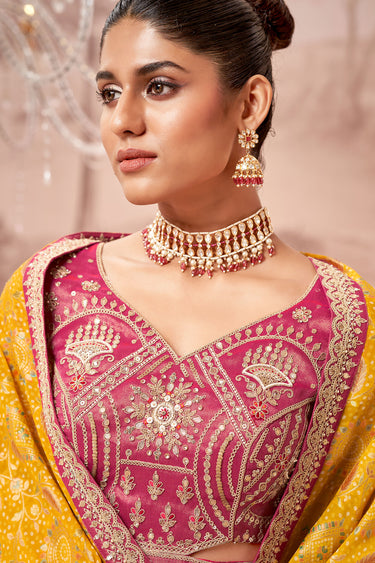 Multicolor Crushed Silk Lehenga Choli With Embroidered Dupatta