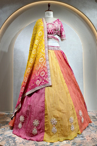 Multicolor Crushed Silk Lehenga Choli With Embroidered Dupatta