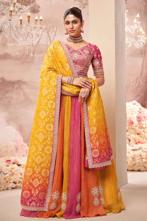Multicolor Crushed Silk Lehenga Choli With Embroidered Dupatta