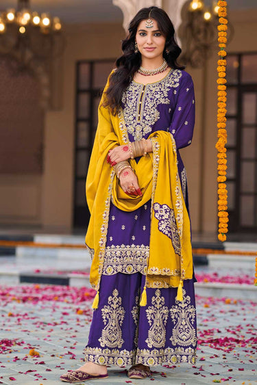 Chinon Fabric Purple Color Riveting Readymade Palazzo Suit