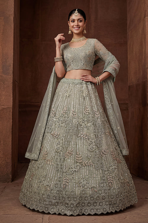 Embroidered Sea Green Net Wedding Wear Lehenga Set