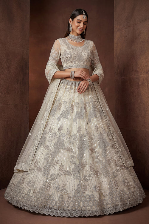 Off White Net Lehenga Choli With Fancy Embroidered Work