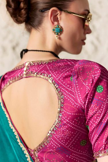 Teal Tissue Silk Border Work Saree