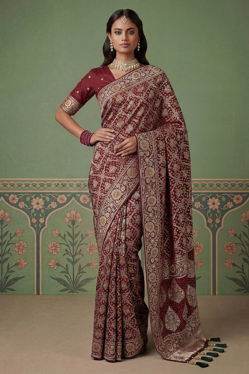 Art Silk Zari Weaving Work Maroon Saree With Unstitched Blouse