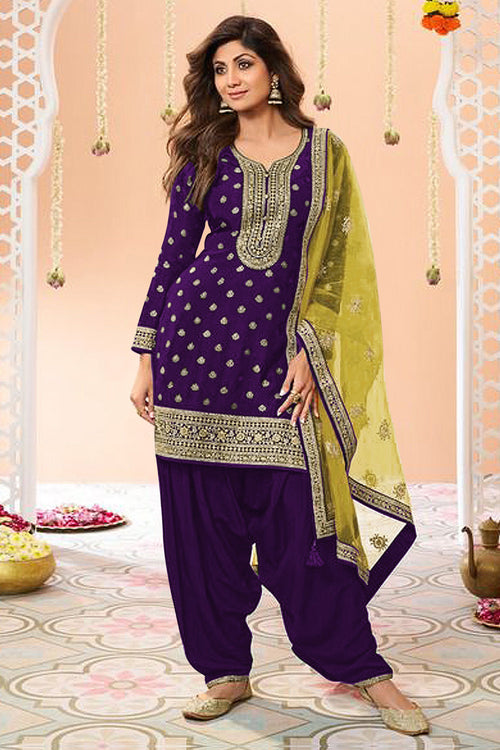 Shilpa Shetty Purple Jacquard Silk Embroidered Patiala Suit