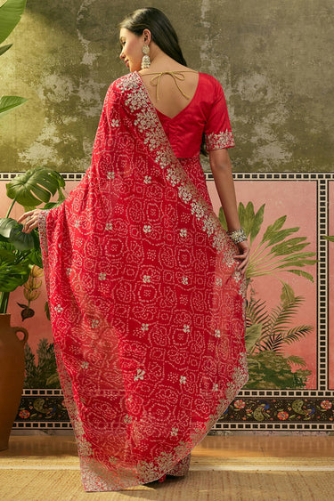 Royal Red Gota Patti Bandhej Georgette Saree