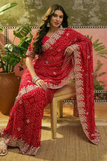 Royal Red Gota Patti Bandhej Georgette Saree