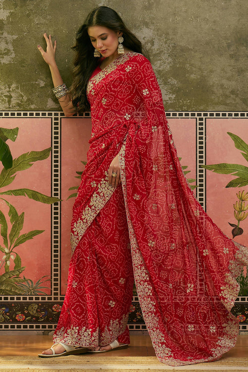 Royal Red Gota Patti Bandhej Georgette Saree