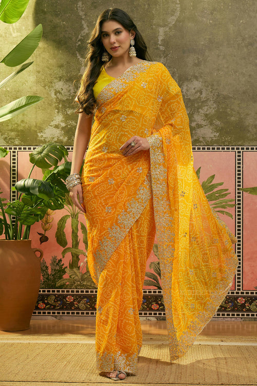 Regal Yellow Gota Patti Bandhani Casual Saree