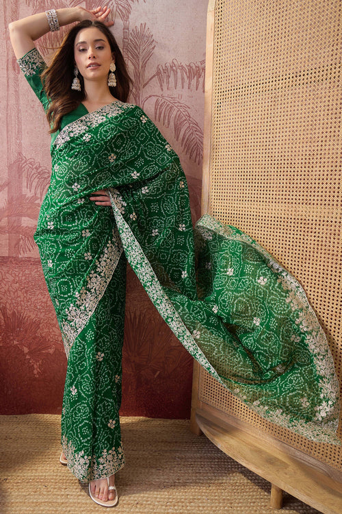 Royal Green Gota Patti Georgette Bandhej Saree