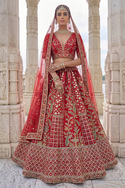 Pure Silk Flaming Red Heavy Embroidered Bridal Lehenga Choli